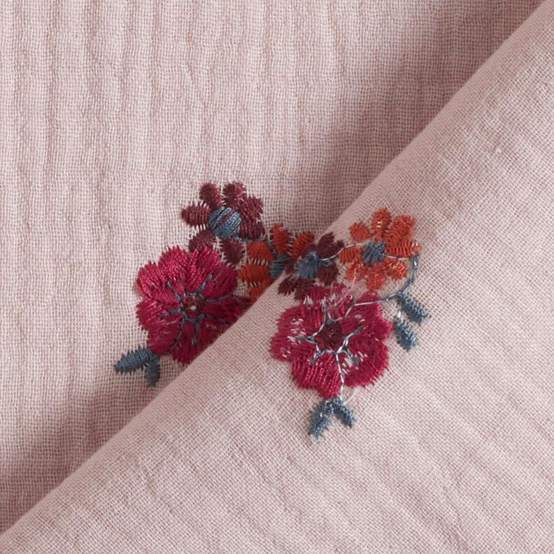 Muslin/Dubbel-krinkelväv Broderade blommor | Poppy Fabrics – ljus gammelrosa,  image number 4