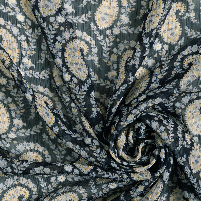 Crêpe Chiffong paisley och lurex-ränder – svart/silverblå, image number 3