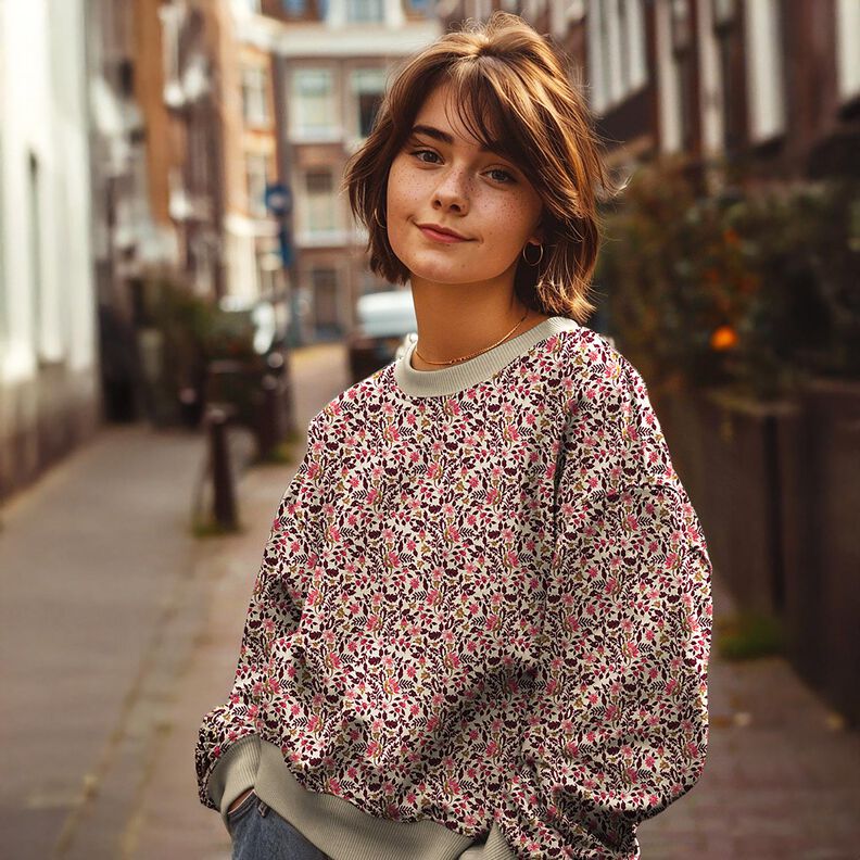 French Terry Sommarsweat små blommor Digitaltryck – cashew/intensiv rosa,  image number 5