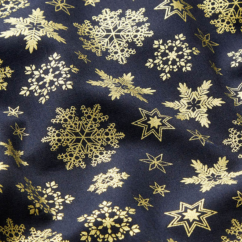 Bomullstyg Poplin snökristaller – nattblå/guld, image number 2