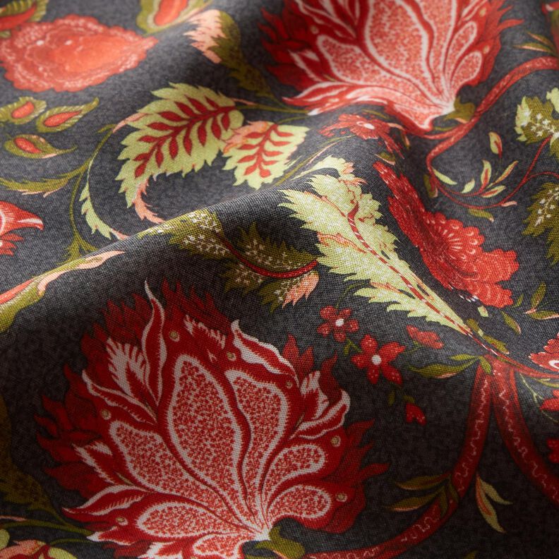 Viskostyg Paisley-blommor – antracit/eldröd,  image number 2