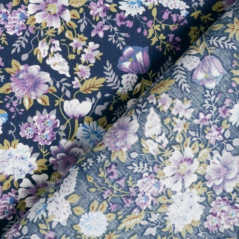 Bomullspoplin romantisk blomsteräng – marinblått/lavender, image number 4