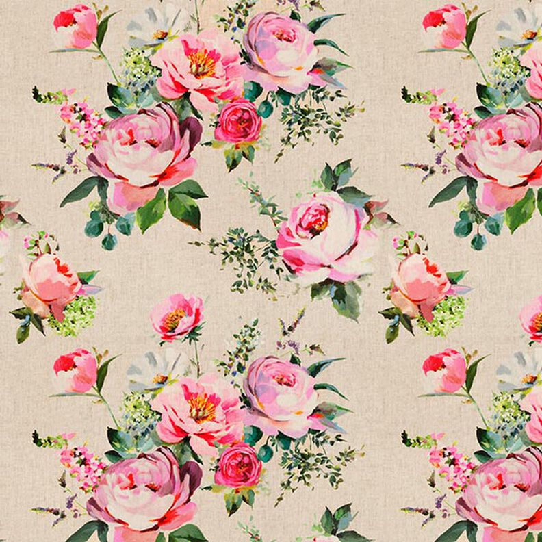 Dekorationstyg halvpanama digitaltryck rosenakvarell – natur,  image number 1
