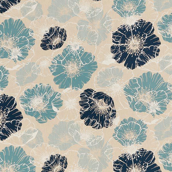 Dekorationstyg Halvpanama Imponerande blommor – marinblått/natur,  image number 1