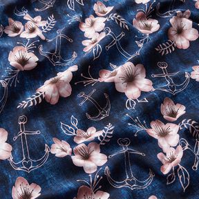 Bomullsjersey Blommor & ankare | Glitzerpüppi – nattblå/ljus gammelrosa, 