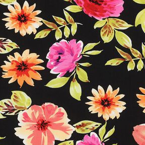 Viskostyg Stora blommor digitaltryck – svart/purpur, 