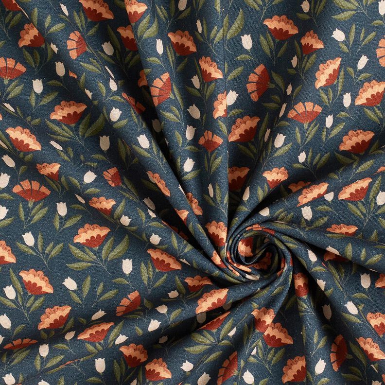Bomullstyg Poplin filigranblommor – svartblå/terracotta, image number 3