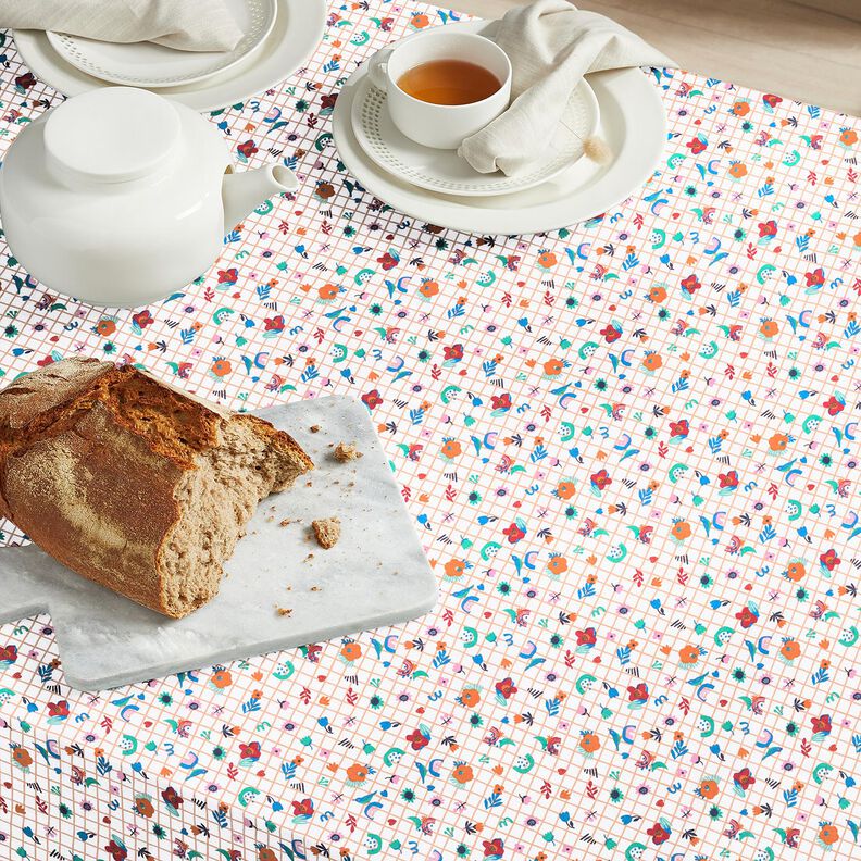 Bomullstyg Kretong rutor med blommor – vit/pepparmynta,  image number 5