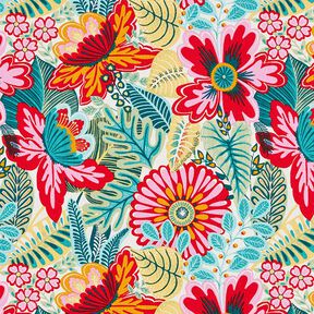 Bomullstyg Kretong Imponerande blommor – vit/eldröd, 