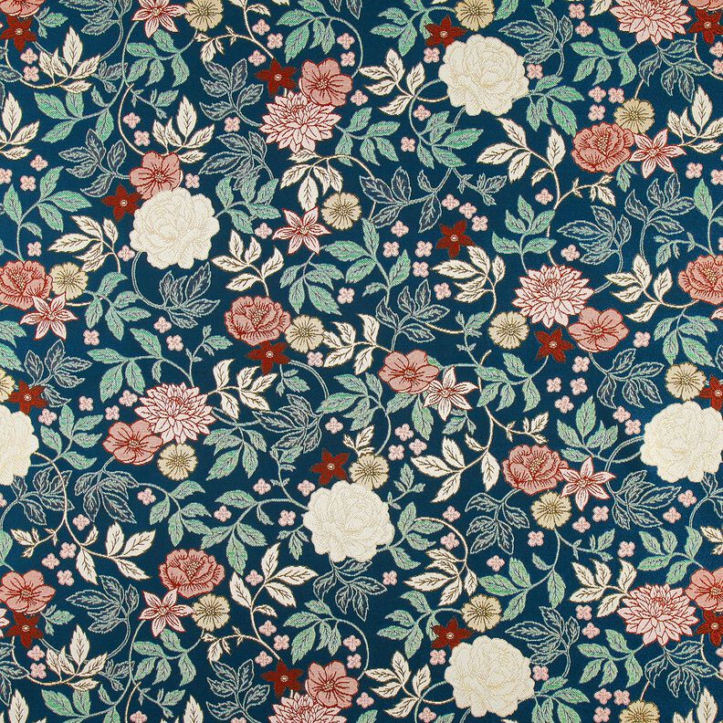 Dekorationstyg Jacquard Vintageblommor – petrol/mörkröd, image number 1