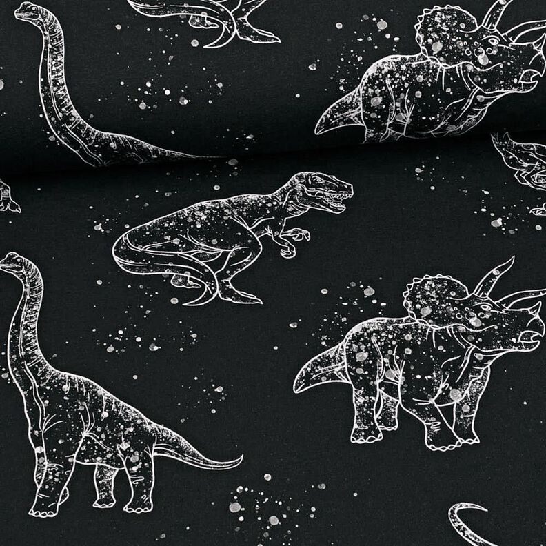 Bomullsjersey Dinosaurie konturer | Glitzerpüppi – svart/vit,  image number 2