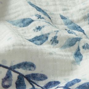 Muslin/Dubbel-krinkelväv Eukalyptusgrenar akvarell – yllevit/aquablått, 