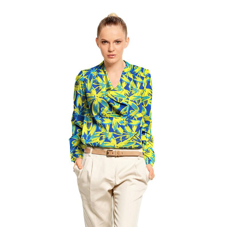 Cr&ecirc;pe Satin Stora kamomillblommor &ndash; indigo/citrongul,  image number 5