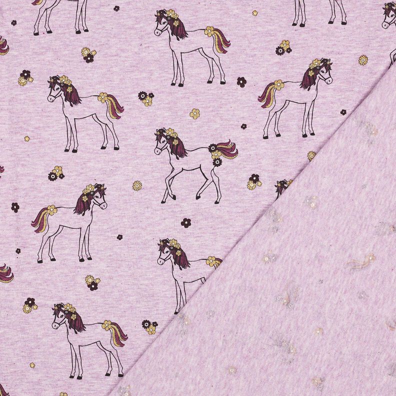 Bomullsjersey glittrig blommande h&auml;st | Poppy Fabrics &ndash; pastellviolett/guld,  image number 4