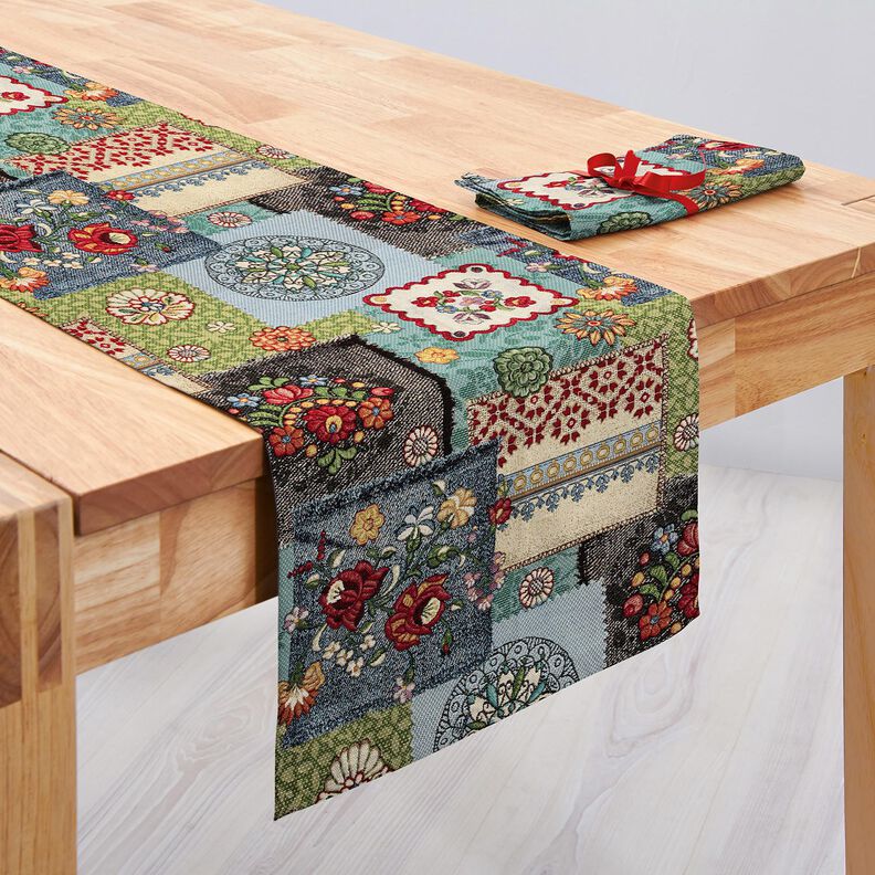 Dekorationstyg Gobeläng jeans-patchwork – ljusbeige/jeansblå,  image number 7
