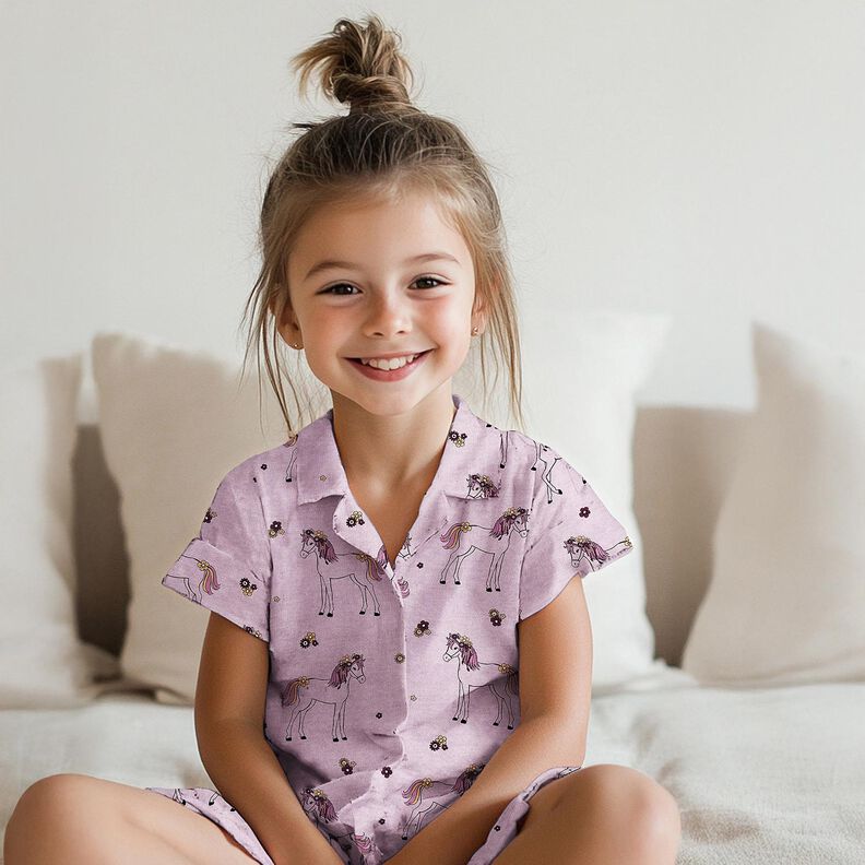 Bomullsjersey glittrig blommande h&auml;st | Poppy Fabrics &ndash; pastellviolett/guld,  image number 5