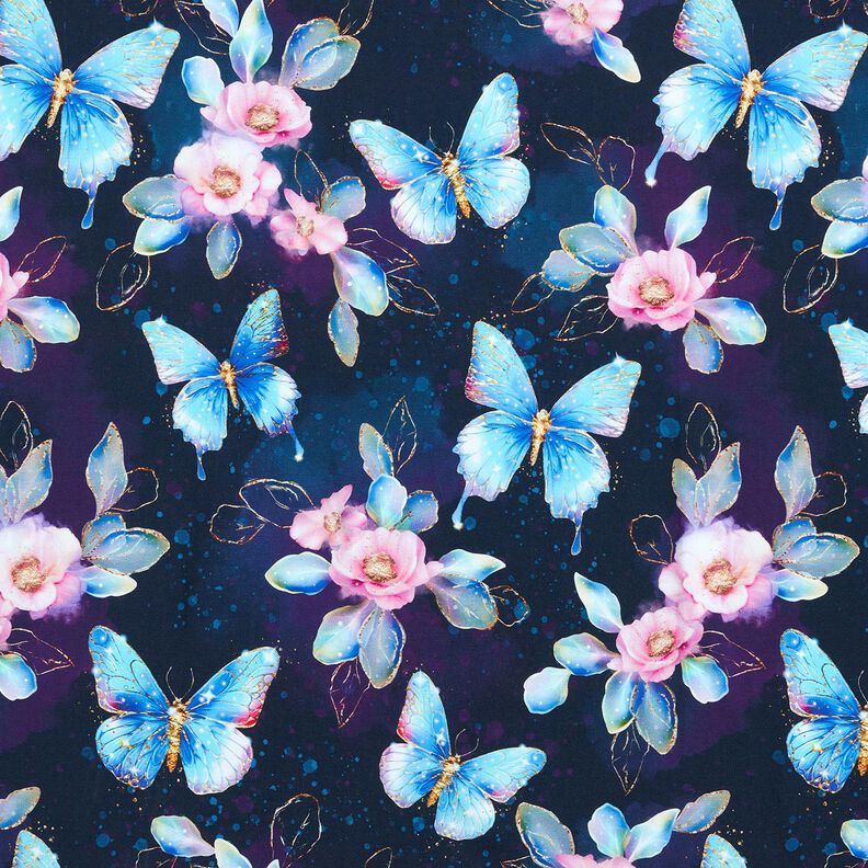 Bomullsjersey glittrande fjärilar och blommor | Glitzerpüppi  – nattblå/isblå,  image number 1