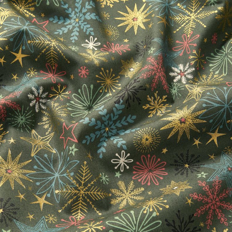 Bomullstyg Poplin stjärnmix – mörk furu/guld, image number 2