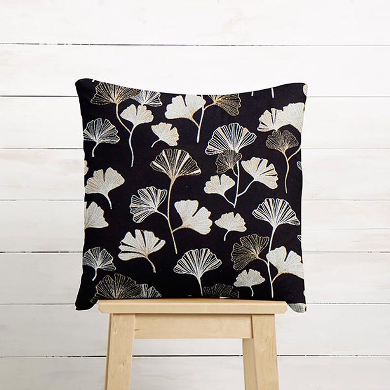 Dekorationstyg Jacquard Ginkgoblad – svart/guld,  image number 8