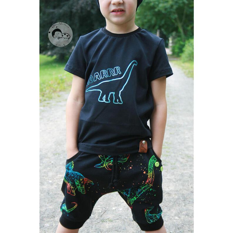 Bomullsjersey Dinosaurie konturer | Glitzerpüppi – svart/färgmix,  image number 4