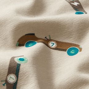 Bomullsjersey retro racerbilar – ljus gråbrun, 