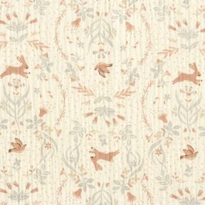 Muslin/Dubbel-krinkelväv fågel och kanin i blomsterträdgården – yllevit, 