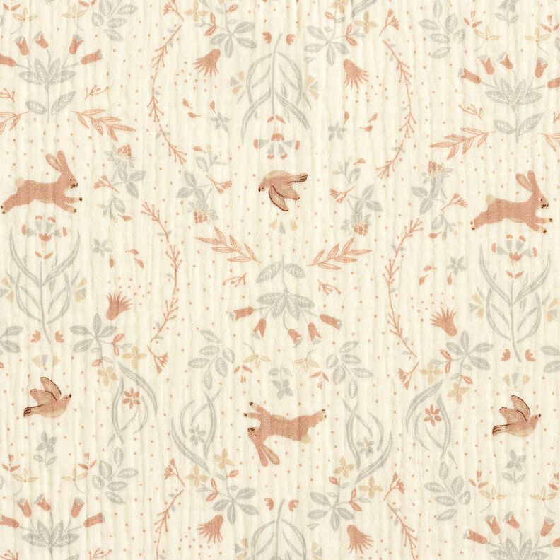 Muslin/Dubbel-krinkelväv fågel och kanin i blomsterträdgården – yllevit, image number 1