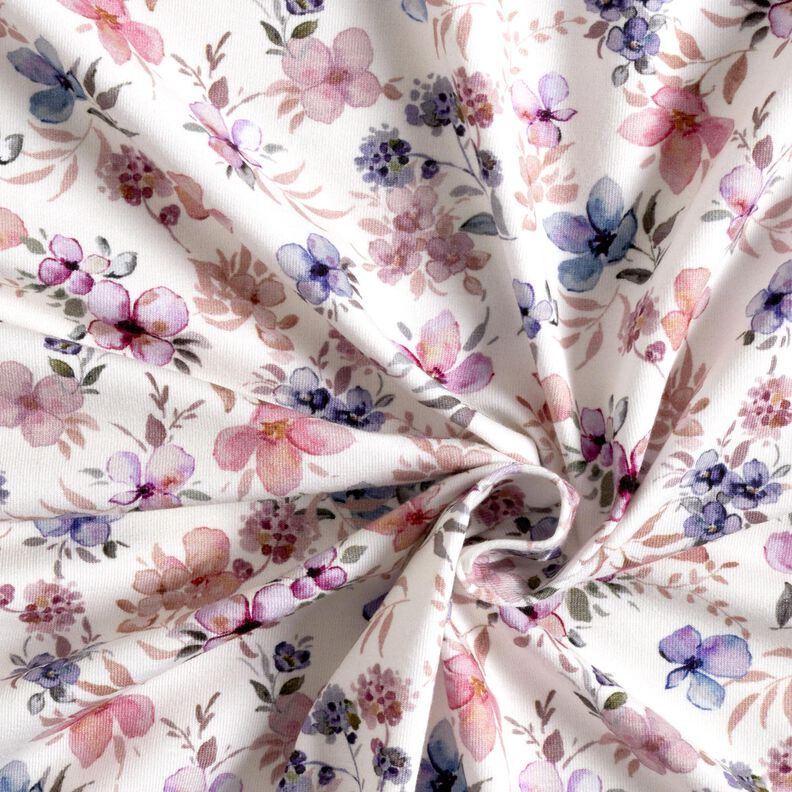 GOTS Bomullsjersey Akvarellblommor Digitaltryck – yllevit/pastellviolett,  image number 3