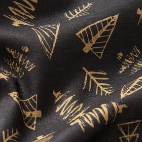 Bomullstyg Kretong eleganta granar – svart/guld,  Bomullstyg Kretong eleganta granar – svart/guld,