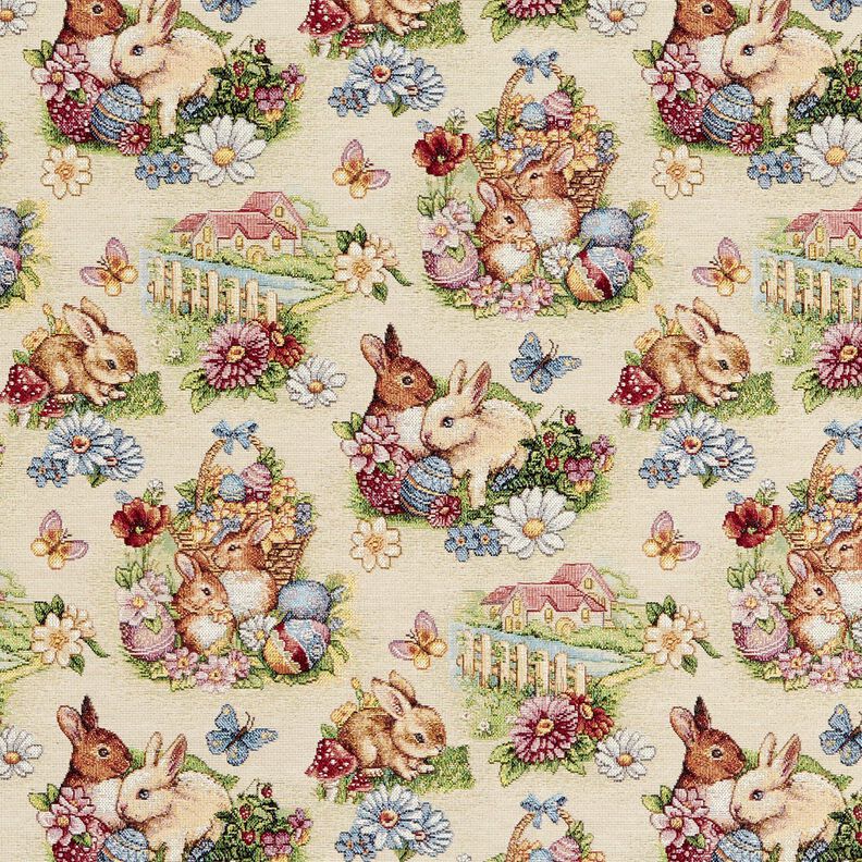 Dekorationstyg Gobeläng Påskharar i trädgården – ljusbeige/bär,  image number 1
