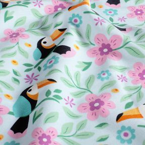 Bomullsjersey Tukaner i blomsterdjungeln – babyblått/brandgul, 