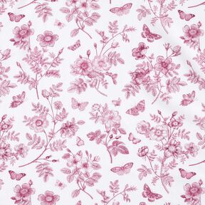 Viskostyg Blommor och fjärilar – vit/druva, 