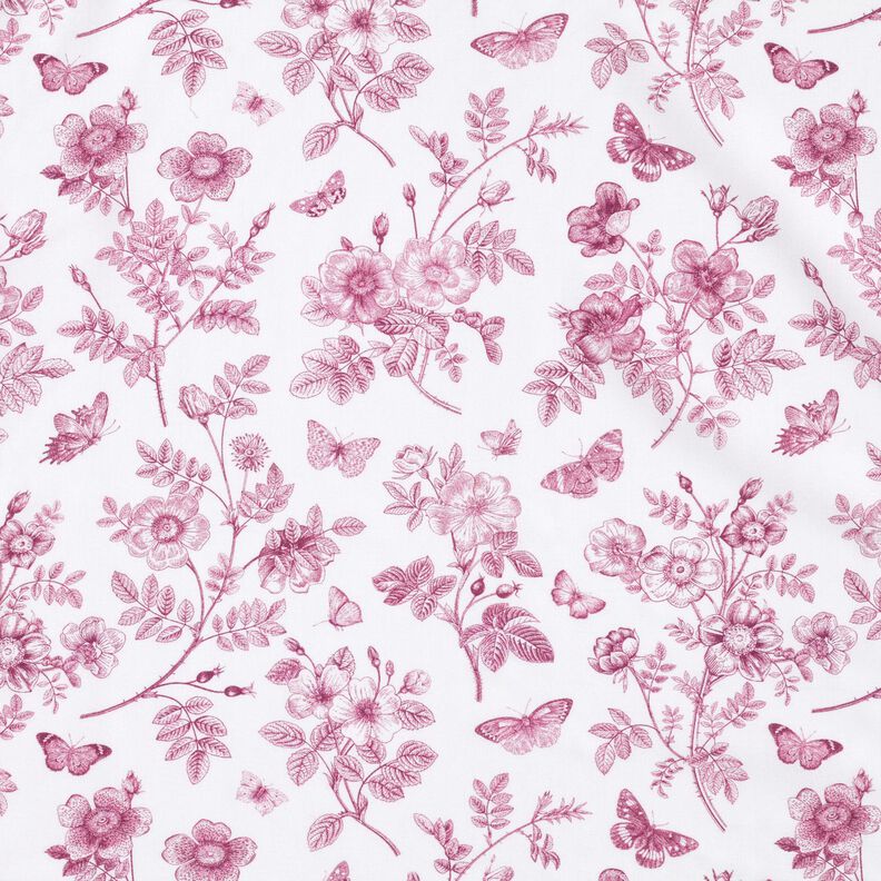 Viskostyg Blommor och fjärilar – vit/druva,  image number 1
