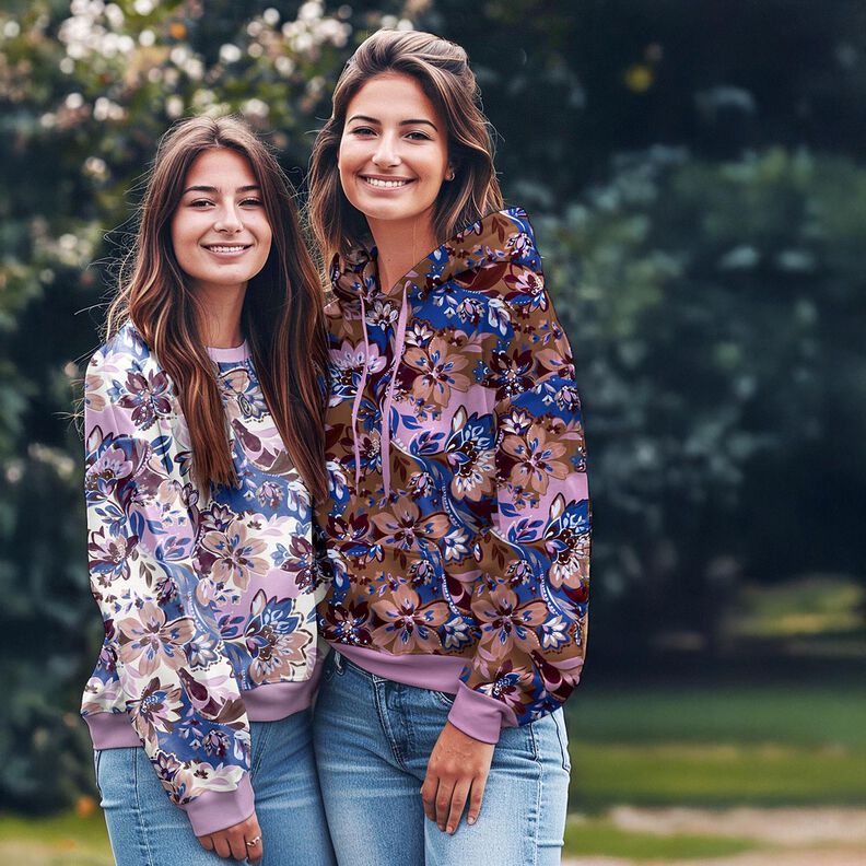 French Terry Sommarsweat Målade blommor Digitaltryck – indigo/brun,  image number 5