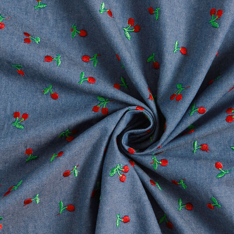 Chambray broderade körsbär – jeansblå,  image number 3