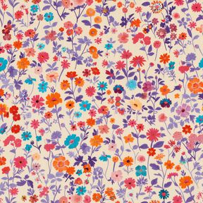 Bomullstyg Poplin färgglada blommor – ljusbeige/lavender, 