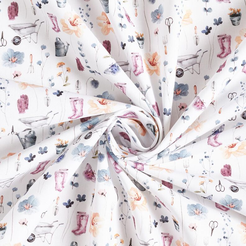 Bomullstyg Poplin Trädgårdsarbete – vit/blågrått, image number 3