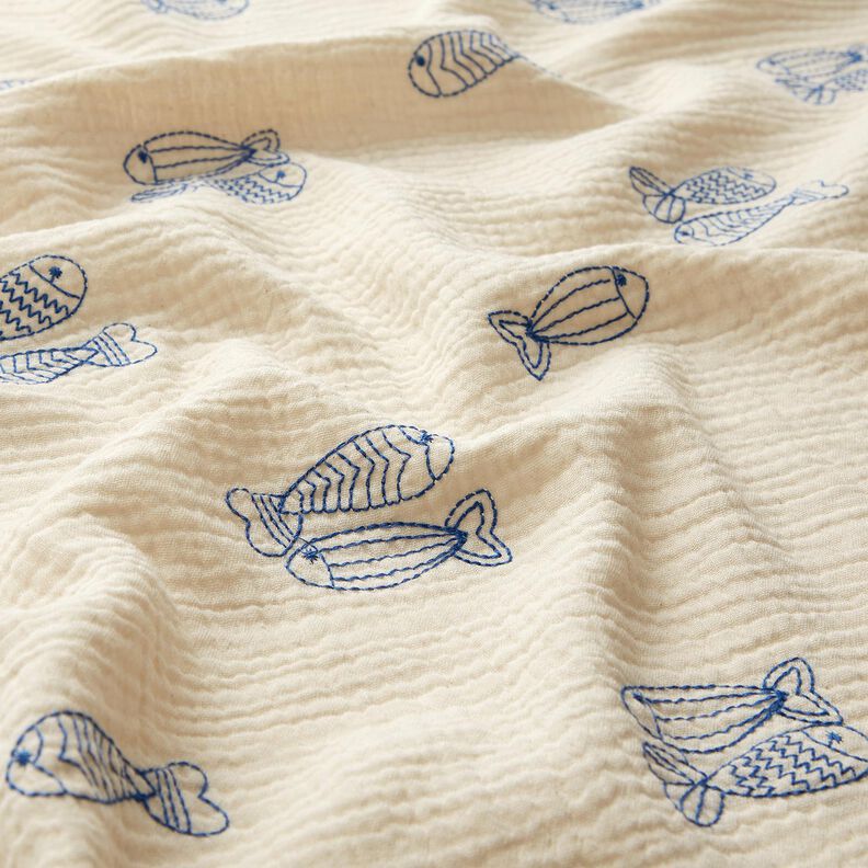 Muslin/Dubbel-krinkelväv Broderade fiskar | Poppy Fabrics – yllevit/kungsblått,  image number 2