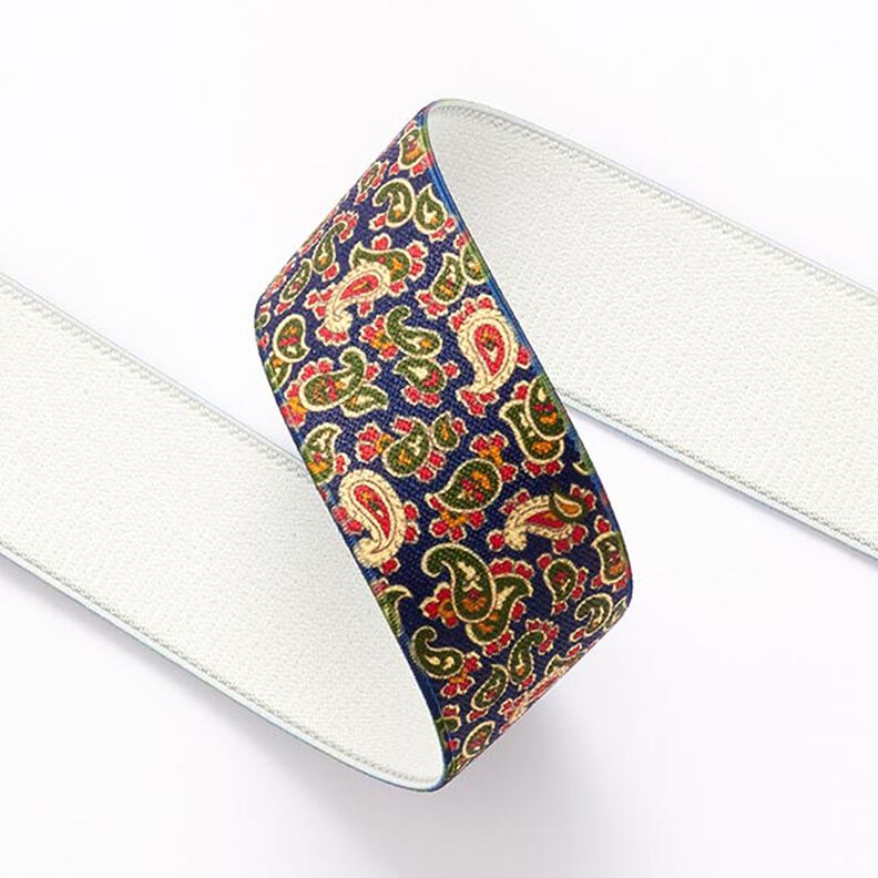 Resårband Paisley  [ 3,5 cm ] – marinblått/grön,  image number 2