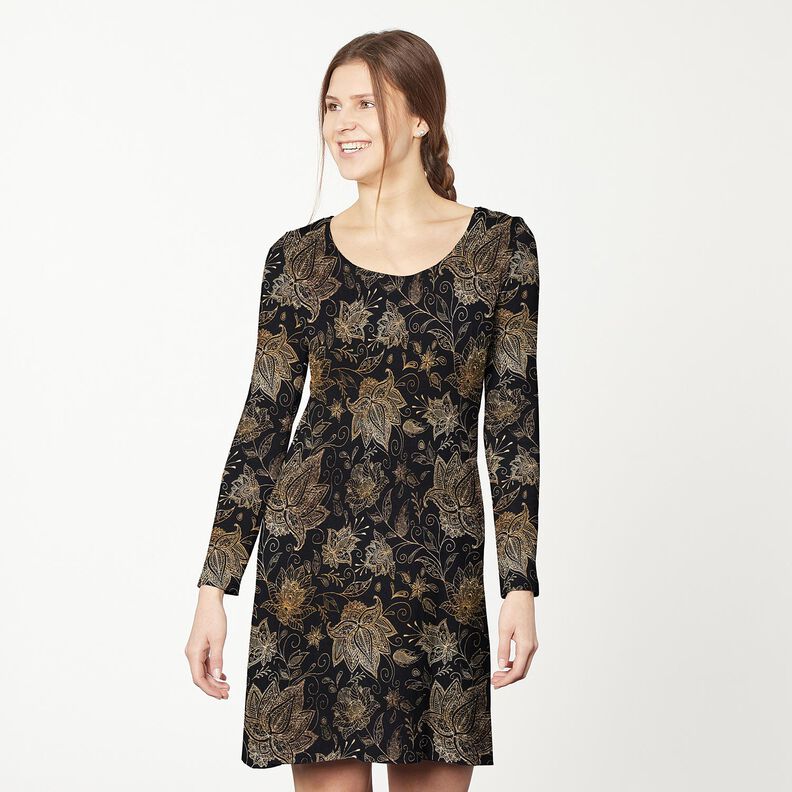 Bomullsjersey gyllene mandalablommor | Glitzerpüppi – svart/guld,  image number 6