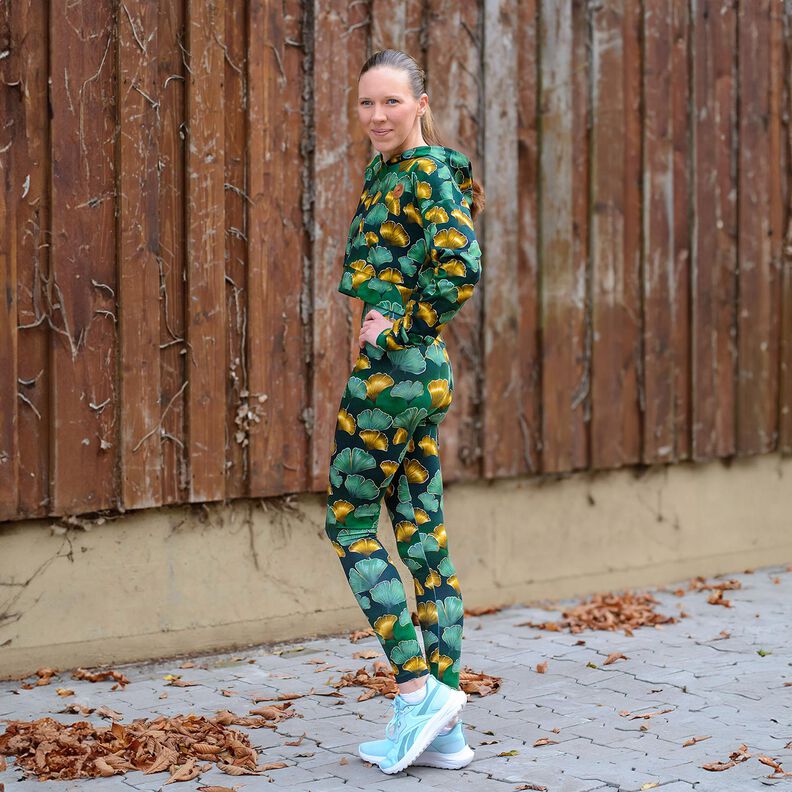 Bomullsjersey Ginkgo | Glitzerpüppi – mörkgrön/gammalguld,  image number 7