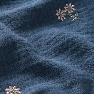 Muslin/Dubbel-krinkelväv broderade småblommor – jeansblå, 