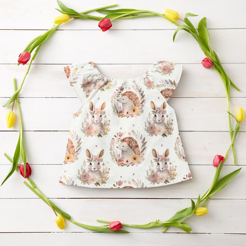 Bomullspoplin hare och igelkott i en blomcirkel Digitaltryck – elfenbensvit,  image number 6