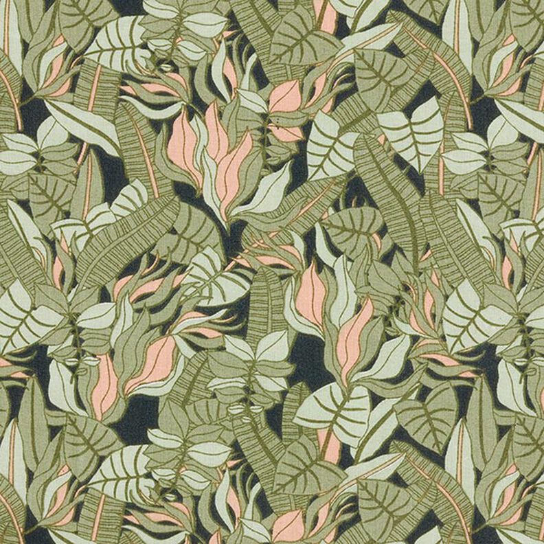 Bomullstyg Kretong Tropiska blad – svart/grön,  image number 1