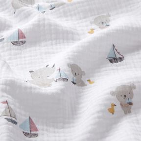 Muslin/Dubbel-krinkelväv Djur och småbåtar – vit/silvergrå, 