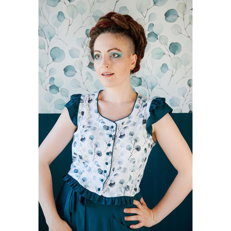 Muslin/Dubbel-krinkelväv Eukalyptusrankor i akvarell Digitaltryck – vit,  image number 5