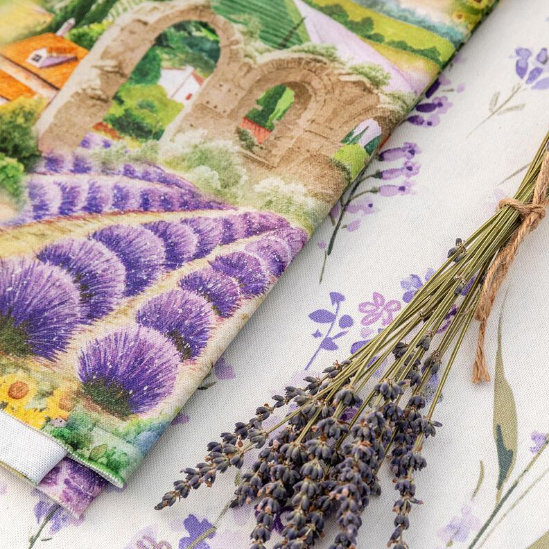 Dekorationstyg Halvpanama lavendel landskap – gräsgrönt/lavender,  image number 6