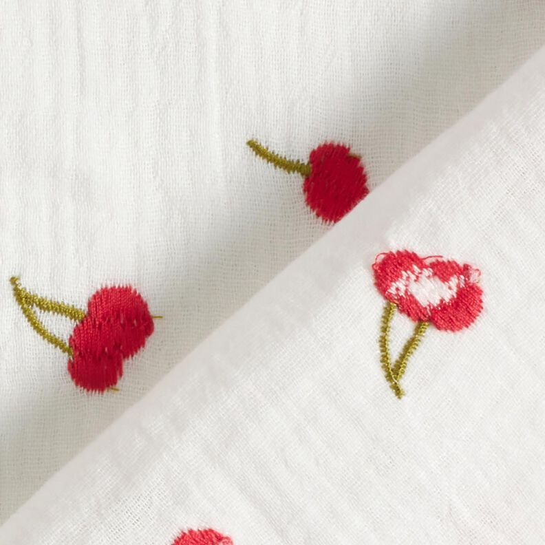 Muslin/Dubbel-krinkelväv Broderade körsbär | Poppy Fabrics – vit/eldröd,  image number 4