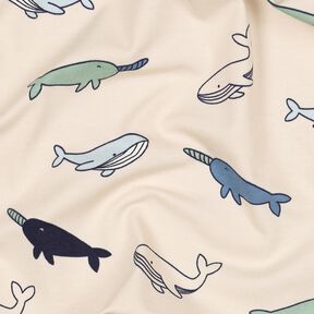 Bomullsjersey Söta valar | Poppy Fabrics – cashew/marinblått, 