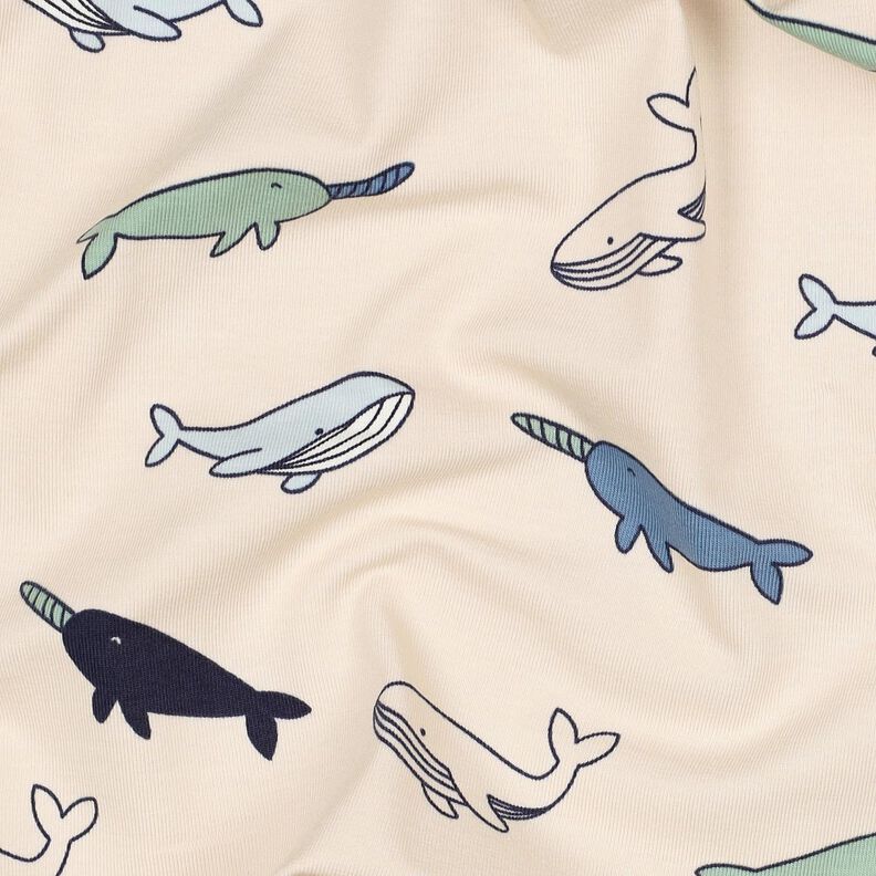Bomullsjersey Söta valar | Poppy Fabrics – cashew/marinblått,  image number 2